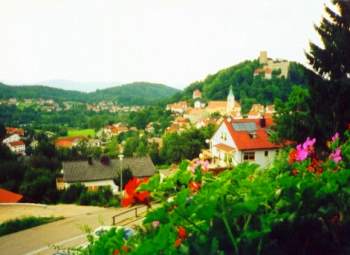 Ausblick von der Terrasse und den Zimmern auf den Markt Falkenstein und die Burg Falkenstein